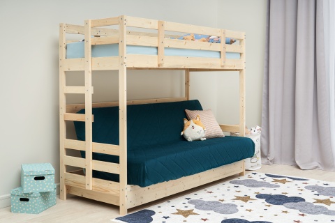 Двухъярусная кровать массив с диван-кроватью синий / натуральный