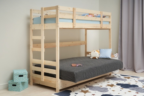 Двухъярусная кровать массив с диван-кроватью темно-серый / натуральный